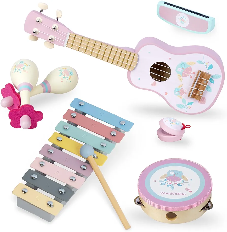 Kids Guitar and Xylophone for Girls, Wooden Musical Instruments Toys with Ukulele, Tambourine, Maracas, Harmonica, Mini Band Sets for Toddlers 2 3 Years Old Birthday Gift