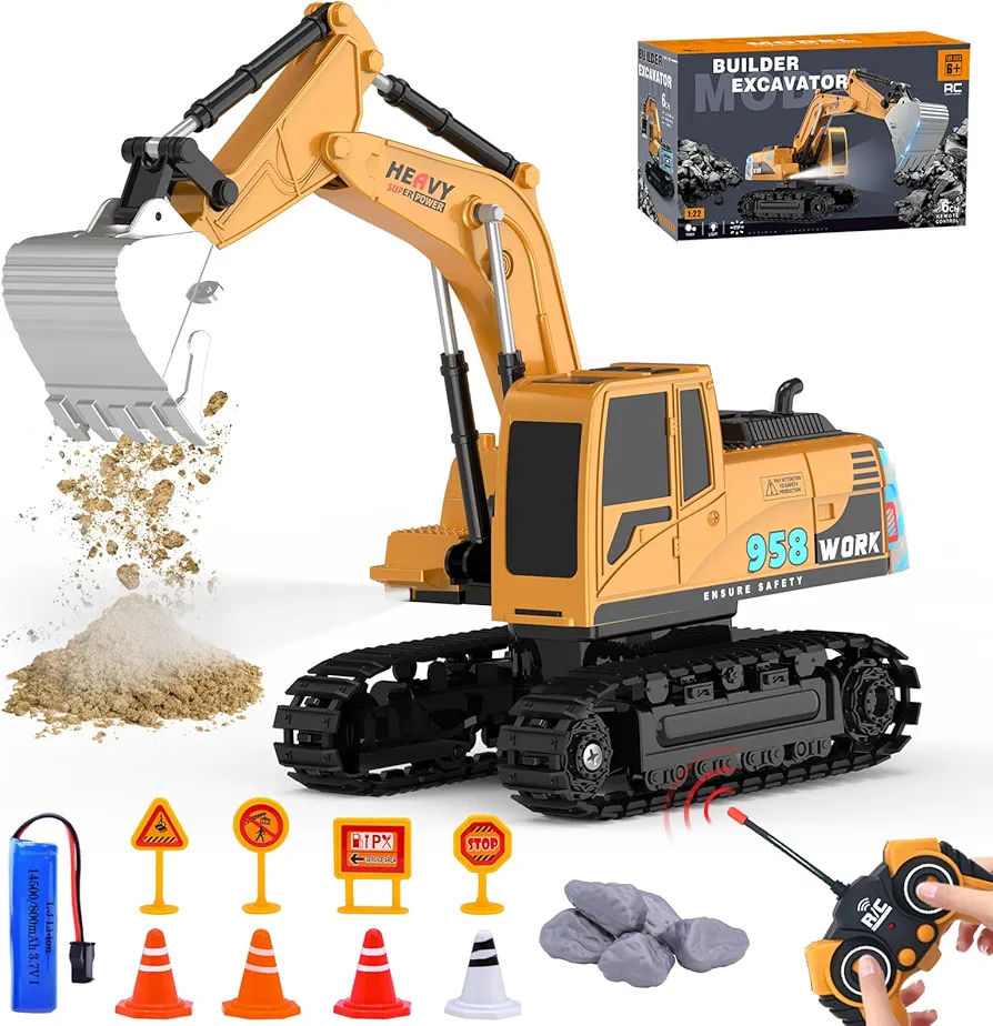 Excavator Toys for Boys - Kids Toy Construction Truck with 6 Activity Barricade, 1:22 Rechargable Engineering Digger Car, Educational Toys - Christmas-Birthday-Present for 6 7 8 9 Years Old Boys Girls