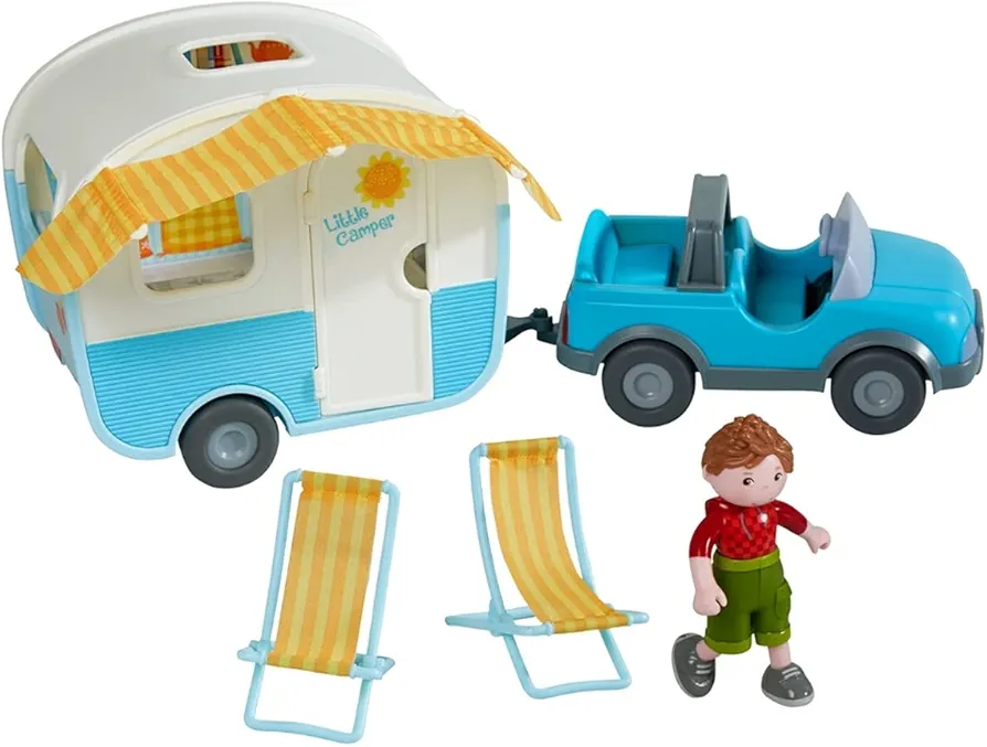 HABA Little Friends Vacation Camper Play Set with Momentum Motor Vehicle, Lawn Chairs and Exclusive Boy Noah Figure