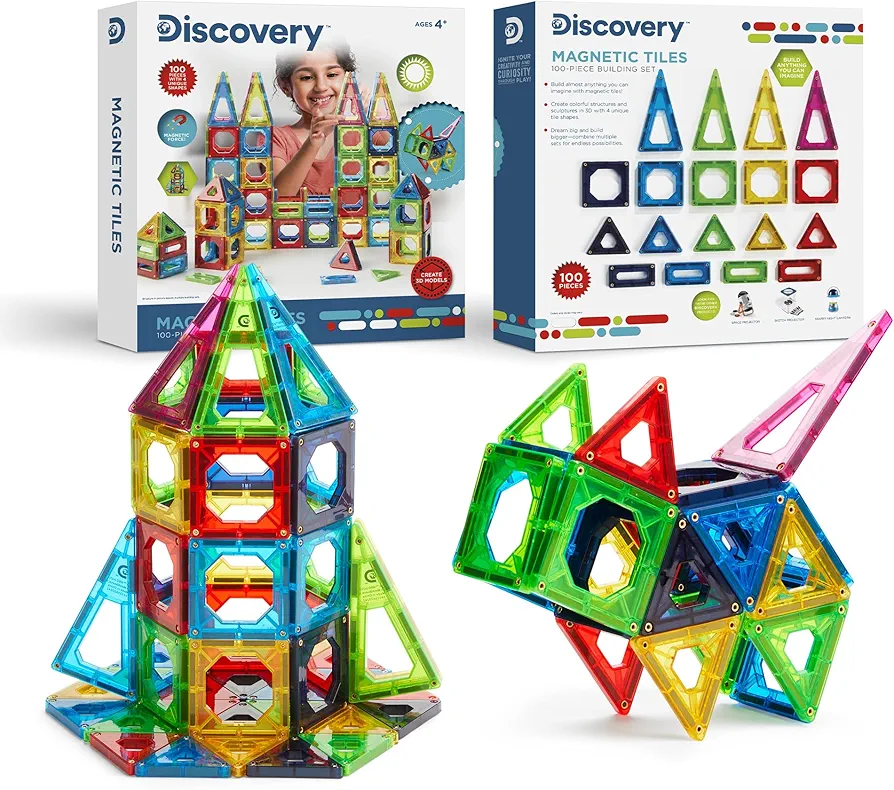 Discovery 100-Piece 3D Magnetic Tile Set [Amazon Exclusive] Construction Building Block Creativity Kit, Educational Learning STEM Toy, Safe Non-Toxic Engineering Development Preschool Activity