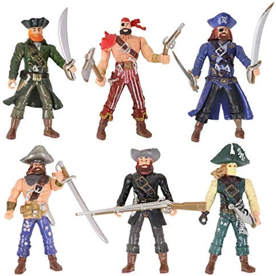 HAPTIME 6 Pcs Pirates Action Figure Playset with 6 Weapons/Sea Rover Pirate Men Toy (Each 3.75 inch Tall), Great for Boys Kids Children as Birthday,Christmas Day, Carnival Fun Gift