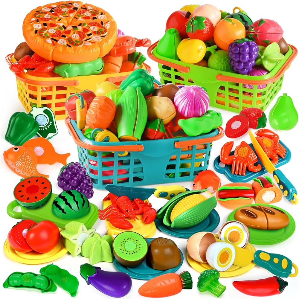 Play Food Set for Kids Kitchen- 100 Pcs Pretend Kitchen Food Toy for Toddlers, Cutting Fake Food/ Fruit/ Vegetable Accessories with Three Baskets, Birthday Gift for 3 4 5 Years Old Boy Girl