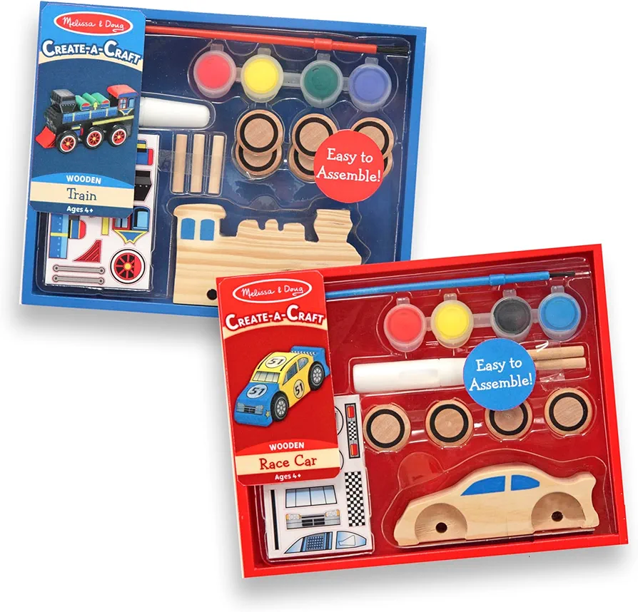 Melissa & Doug Decorate-Your-Own Wooden Train and Race Car Craft Kits, Set of 2