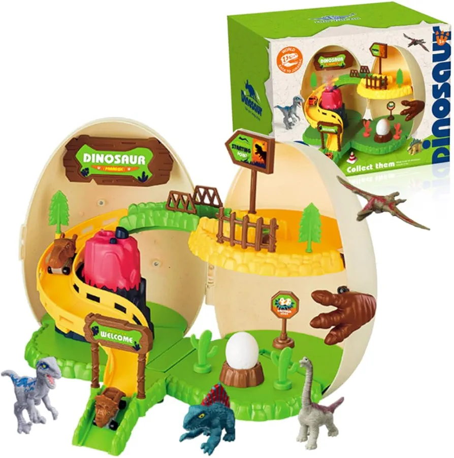 Dino Toys for Kids, Dinosaur Egg Amusement Park with 8 Different Dinosaurs Cars Track Trees Volcano, Easter Dino Party Educational Science STEM Toy Birthday Fifts for Boys Girls Age 3-12