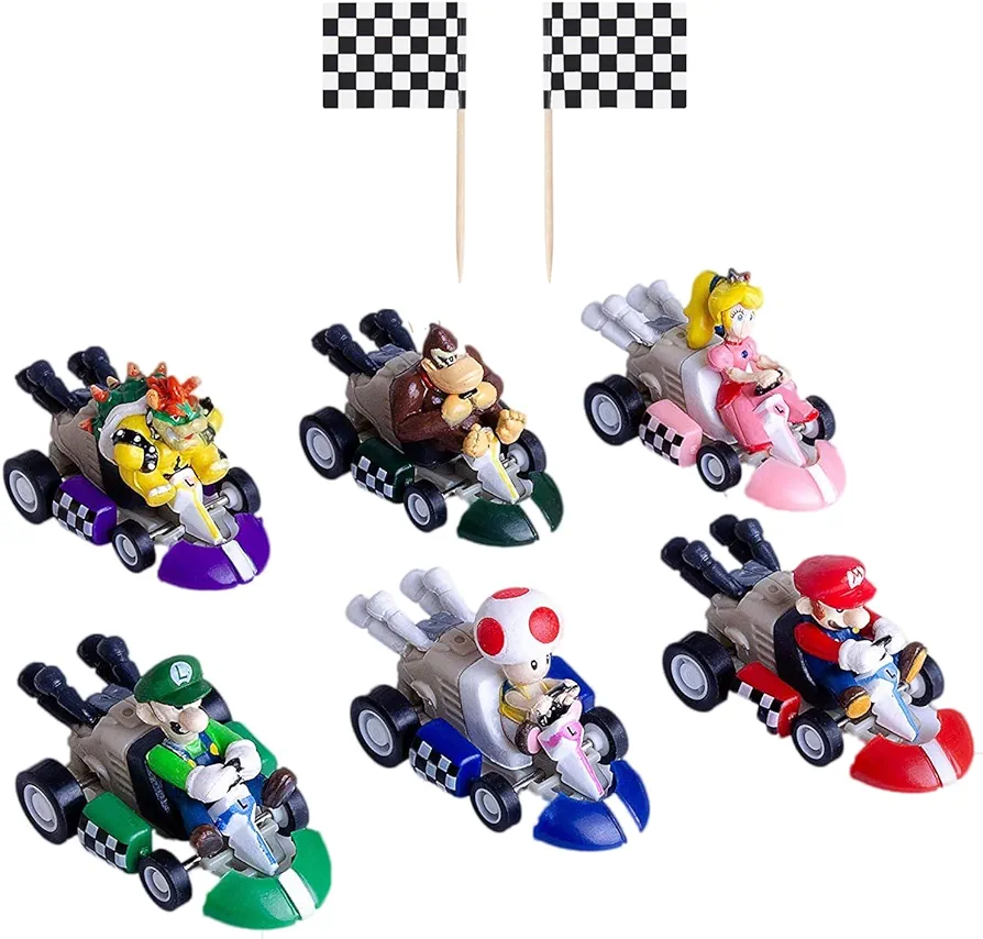 6 Pcs Mini Super Character Kart Pull Back Cars Cake Topper Figures Toy Set (2"),12 Pcs Racing Flag Cakecup Topper