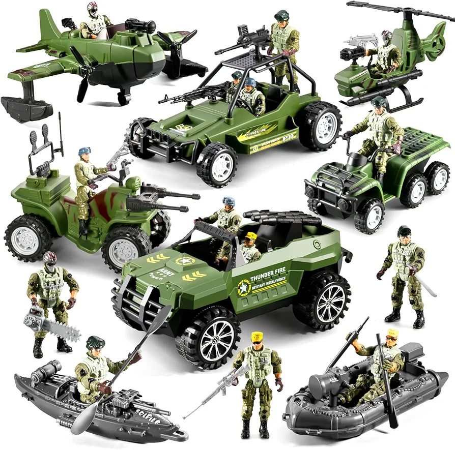 58-in-1 Army Men Toys for Boys 4-7 8-12, Military Truck/Helicopter/Kayak Boat/Motorcycle/ Army Men Action Figures/Weapon Gears, Army Toys for Boys Kids Birthday Gifts Party Favors