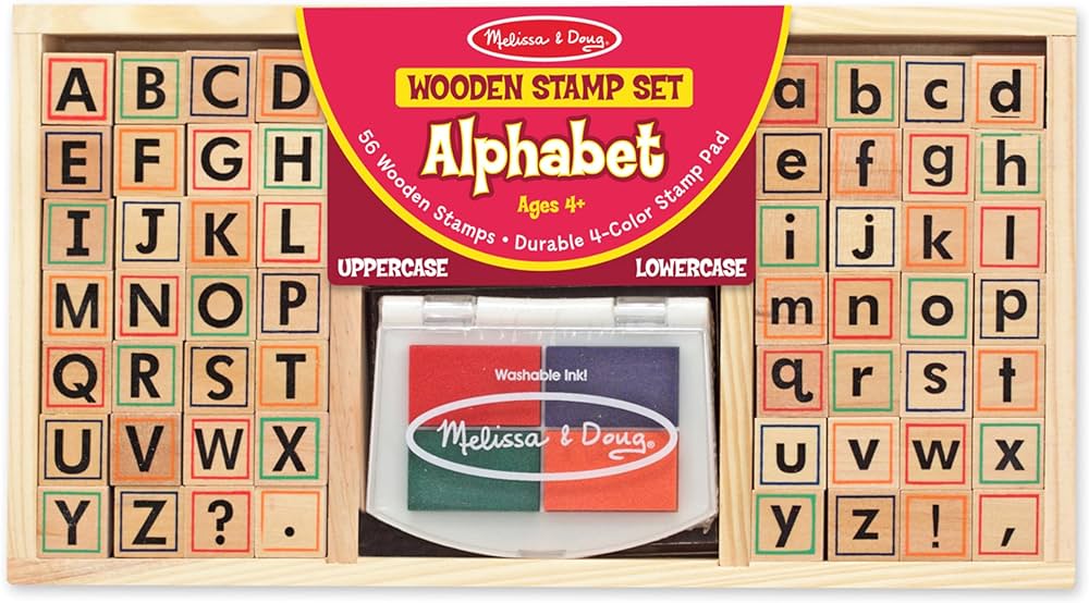 Melissa & Doug Wooden Alphabet Stamp Set - 56 Stamps With Lower-Case and Capital Letters - Preschool Writing Toys, ABC Stamps, Kids Arts & Crafts, Letter Stamps For Kids Ages 4+