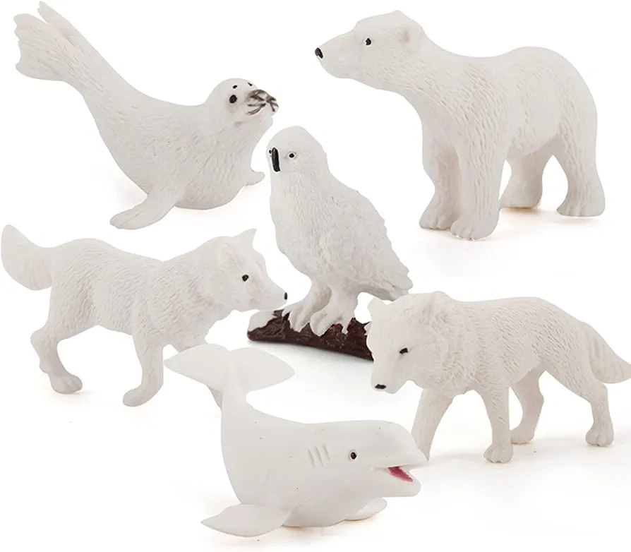 Realistic Mini Arctic Animal Figures Toy Polar Animals Figurines Toy Playset with Polar Bear Snowy Owl Seals White Fox Beluga Wolf Cognitive Toys for Kids Toddlers 6PCS