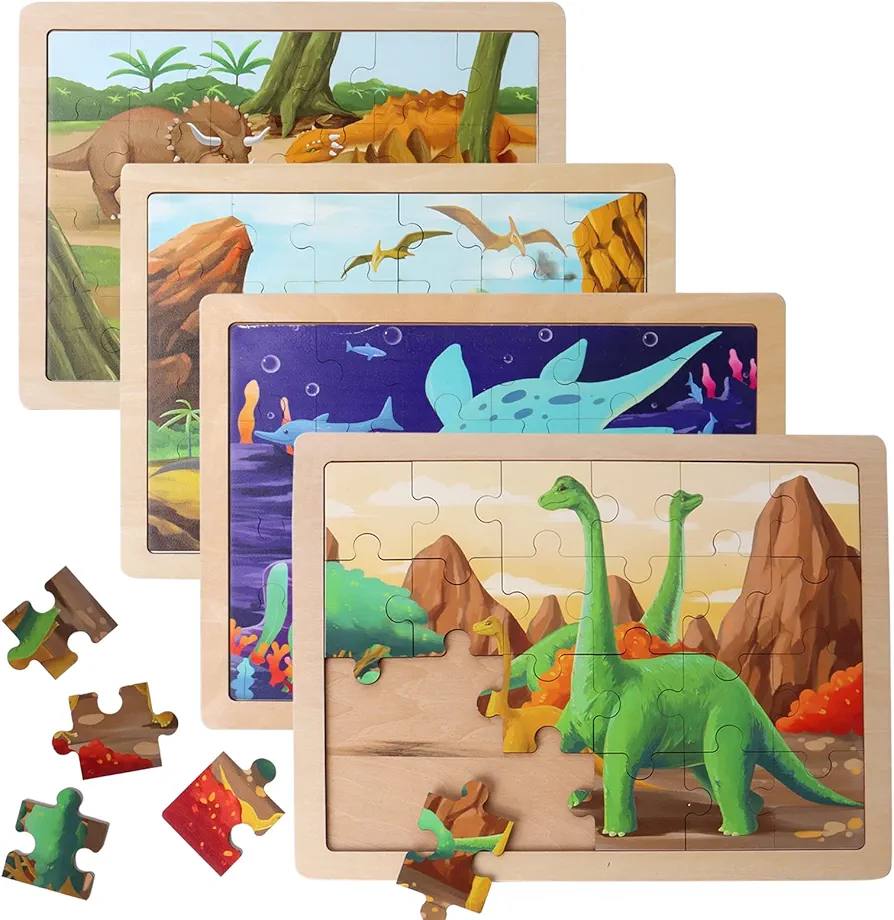 BESTAMTOY Wooden Dinosaur Puzzles for Kids Ages 3-5.4 Packs 24 PCs Jigsaw Puzzles Preschool Educational Brain Teaser Boards Toys Montessori Toys for 3 Years Old and Up