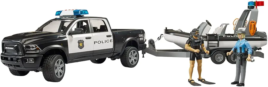 Bruder RAM 2500 Police Pickup with L + S Module Trailer, Boat and 2 Figures