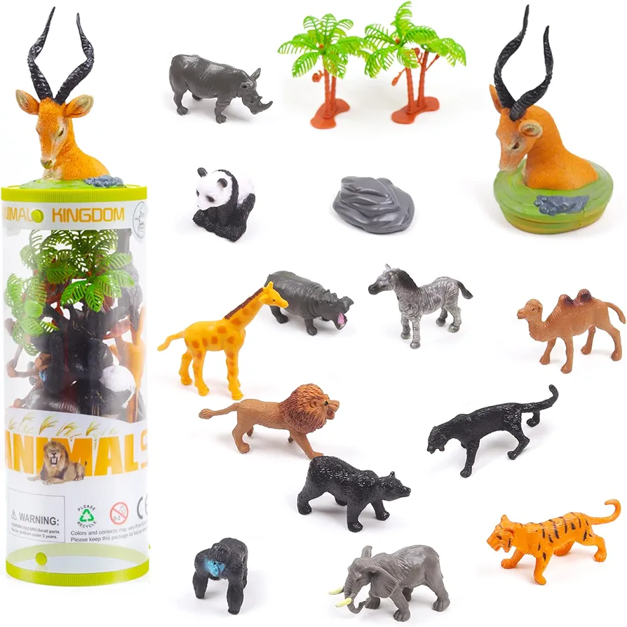 Mini Wild Animals 15-Pcs Figure Set | Realistic Sensory Tube Playset for Toddlers 3-5, Party Favors