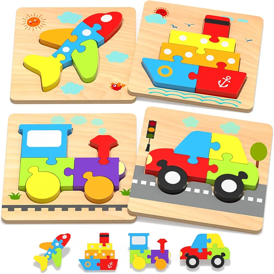 Wooden Vehicle Toddler Puzzles for 1 2 3 Years Old Boys Girls, Baby STEM Educational Toy Gift with 4 Vehicles Montessori Learning Puzzles