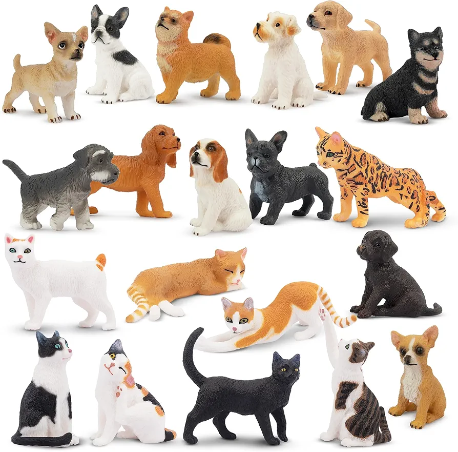 Toymany 20PCS Realistic Cat and Dog Figurines Playset, Cat Dog Cake Toppers Christmas Birthday Gift for Kids