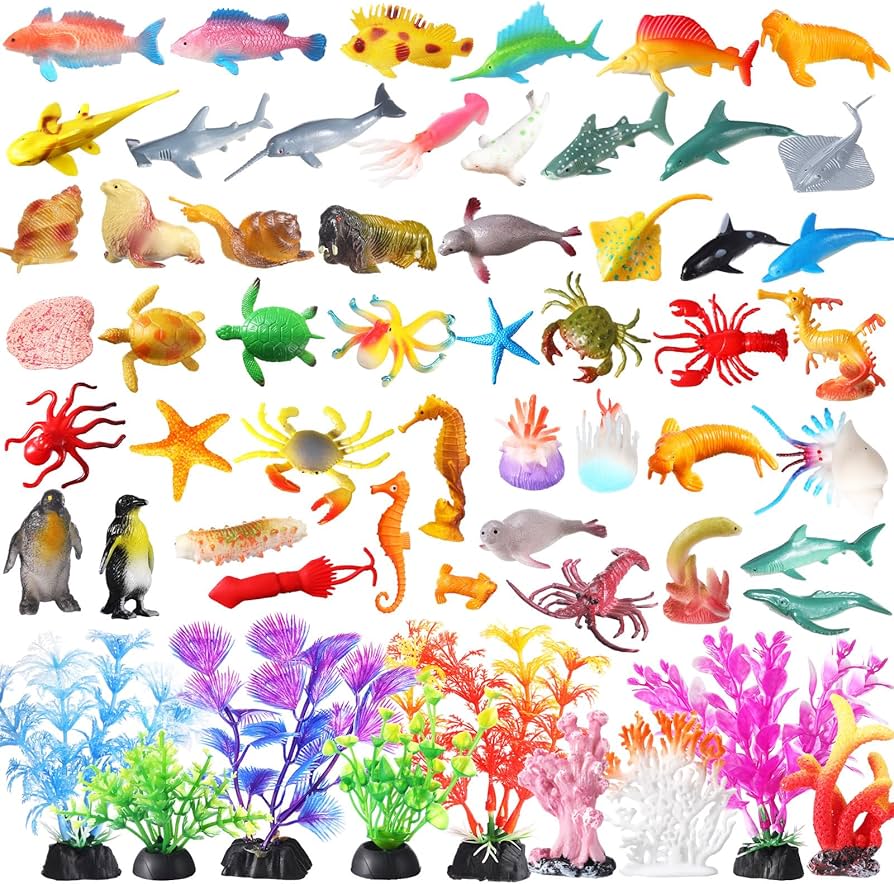 48 Pcs Ocean Sea Animal Sea Creatures Toys Set Under the Sea Life Figure Bath Gift and 8 Pcs Aquarium Decorations Plants Fish Tank Decorations Plants for Educational Favors Gifts