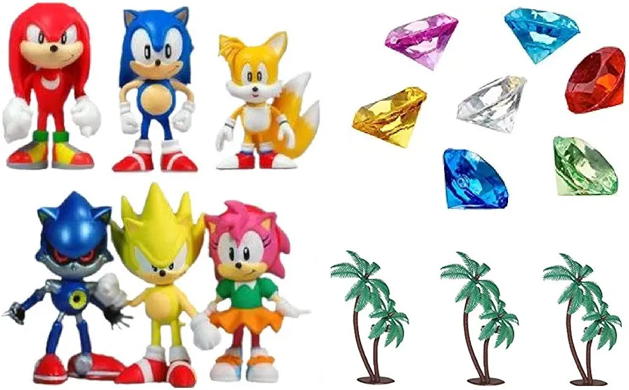 Classic Sonic and Friends 15 Piece Figure Play Set Featuring Sonic Figures, Themed Palm Trees and Sonic Themed Gems (Unique Design)