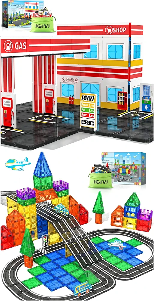 Magnetic Tiles Gas Station Playset Remix Magnetic Tiles Road Set with Cars Toys,Creative Magnet Building Blocks for Kids Toddler Toys, STEM Educational Toys for 3+ Year Old Boys & Girls