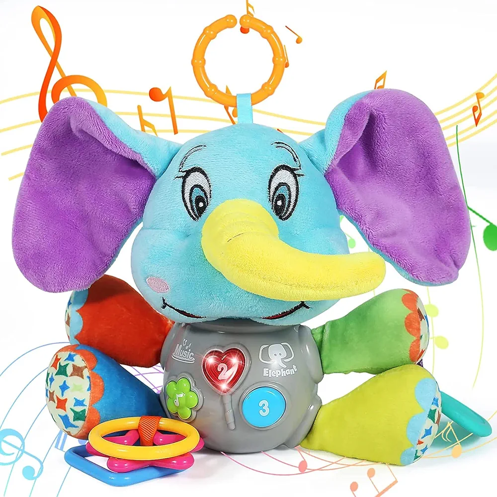 Multifunctional Luminous Plush Elephant Baby Music Toy, with 12 Songs and Various Sounds of Nature, Equipped with Suspension, as a Teething Toy, Apply for Car Seats, Cribs and Strollers