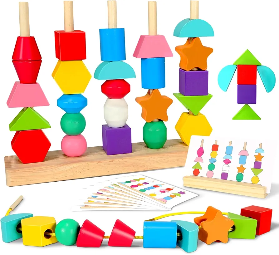 Montessori Toys for 2 3 4 Year Old Wooden Shape Matching Game & Lacing Beads Preschool Learning Activities Fine Motor Skills Toys Sorting Stacking Toddler Toys Age 2-4 Boys Girls