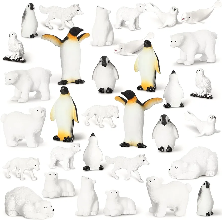 32 Pieces Polar Animals Figurines Antarctic Animals Set Realistic Arctic Animal Figures Toy Playset White Whale Seal Wolf for Teens Adults Party Favor Cake Decoration Craft