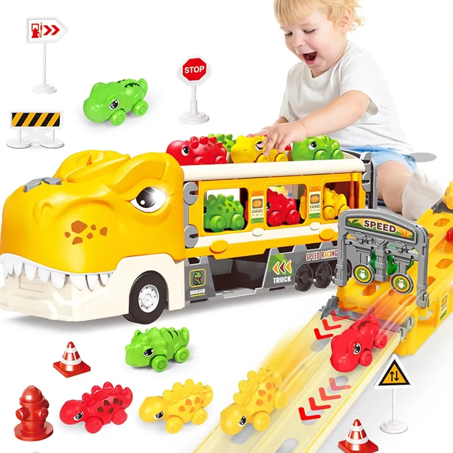 Dinosaur Truck Toys for Kids 3-5, Musical Dinosaur Truck Hauler Convert into Ejection Race Track, Truck Toy Car for Boys and Girls, Best Gift for Baby & Toddler Toys