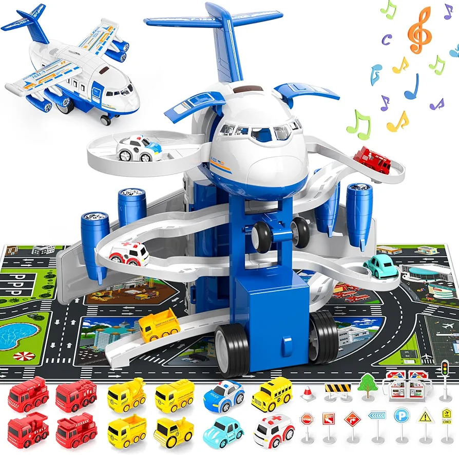 Transport Cargo Airplane Toys, Airplane Car Toy Play Set includes Track, 12mini Play Vehicles, with Music and Light, which is Specially Designed for 3+ Years Old Boys and Girls