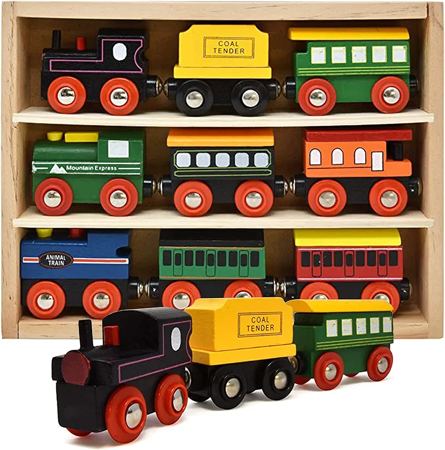 Number 1 in Gadgets Wooden Train Cars - 9 Piece Collection of Magnetic Trains and Wood Engine and Vehicles Compatible with All Major Brands, A Deluxe Railway Set for Toddlers Kids Boys and Girls