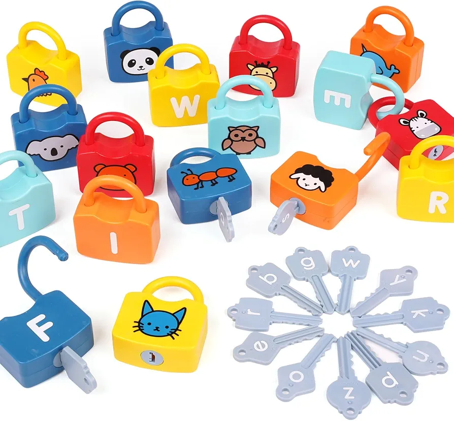 Montessori Educational Toys Alphabet Learning Locks and Keys for Kids, Preschool Activities Toys Games for Toddler Sensory Fine Motor Skills, Learning Toys Set with 26 Locks & 26 Keys for Ages 3 yrs+