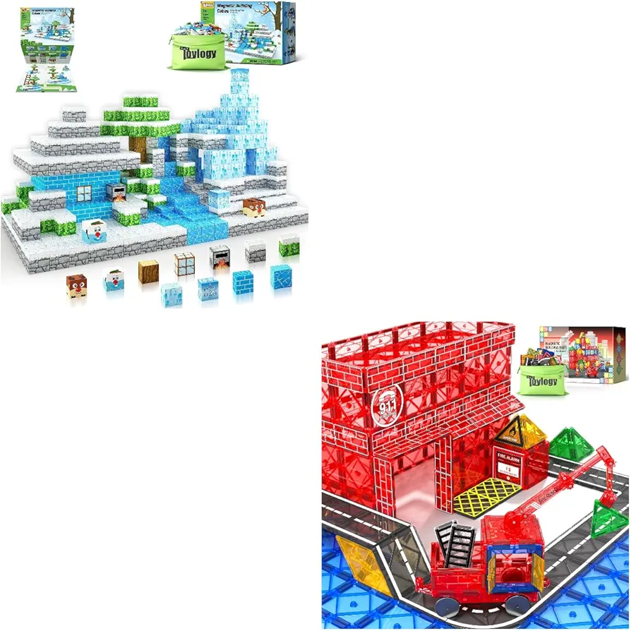 94PCS Magnetic Blocks-Build Mine Magnet World Frozen Magnetic Tiles Road Set with Magnetic Crane Car Toys for Boys Girls Gifts