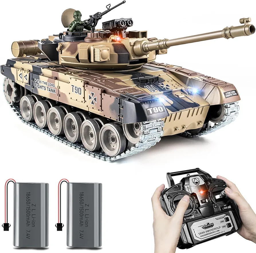 RC Tank, 1:18 Russian T-90 Metal Tracks Remote Control Model Tank Toys, 2.4Ghz Army Tank with Smoke, Sound and Light, RC Military Vehicle That Shoots BBS and Water Bullets for Adults and Kids