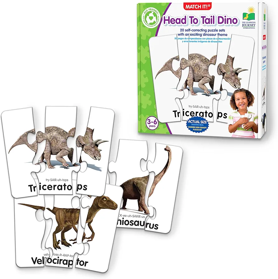 The Learning Journey: Match It! Head to Tail Dinos - 20 Piece with Error-Correction - Beginner Dinosaur Puzzles Words with Matching Images - Learning Toys for 3 4 5 6 Year Olds - Award Winning Toys