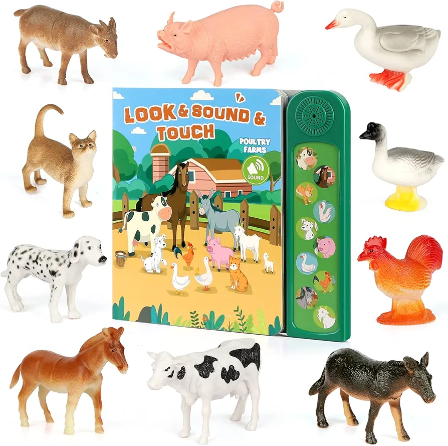 Farm Animals Figures Toys with 10 Realistic Plastic Animal Figurines & Kids Sound Book, Educational Learning Toys Gift for 3 Years Old & Up Toddlers Kids Boys Girls