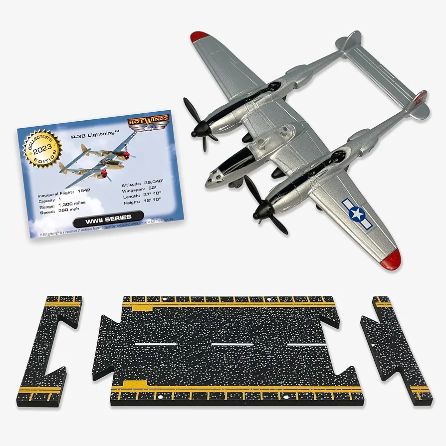 Hot Wings Planes P-38 Lightning with Connectible Runway Die Cast Plane, Grey Die Cast Plane in Aviation Museums Nationwide