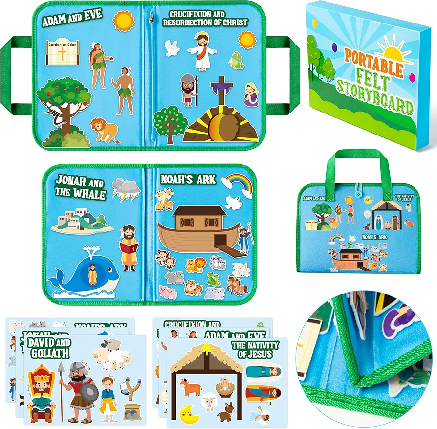 WATINC Portable Bible Felt Stories Set - 6pack Religious Story Adam and Eve Learning Noah’s Ark Story Board Gift, Early Educational Travel Storytelling Interactive Play Kit for Classroom Kids Toddlers