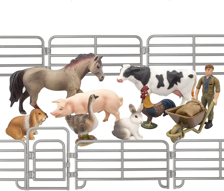 Toymany Solid Realistic 14PCS Farm Animal Figures Set with Fence, Farm Animals Playset includes Farmer Horse Cow Pig Hen Duck Rabbits, Birthday Christmas Toy Gift for Kids Toddlers Children