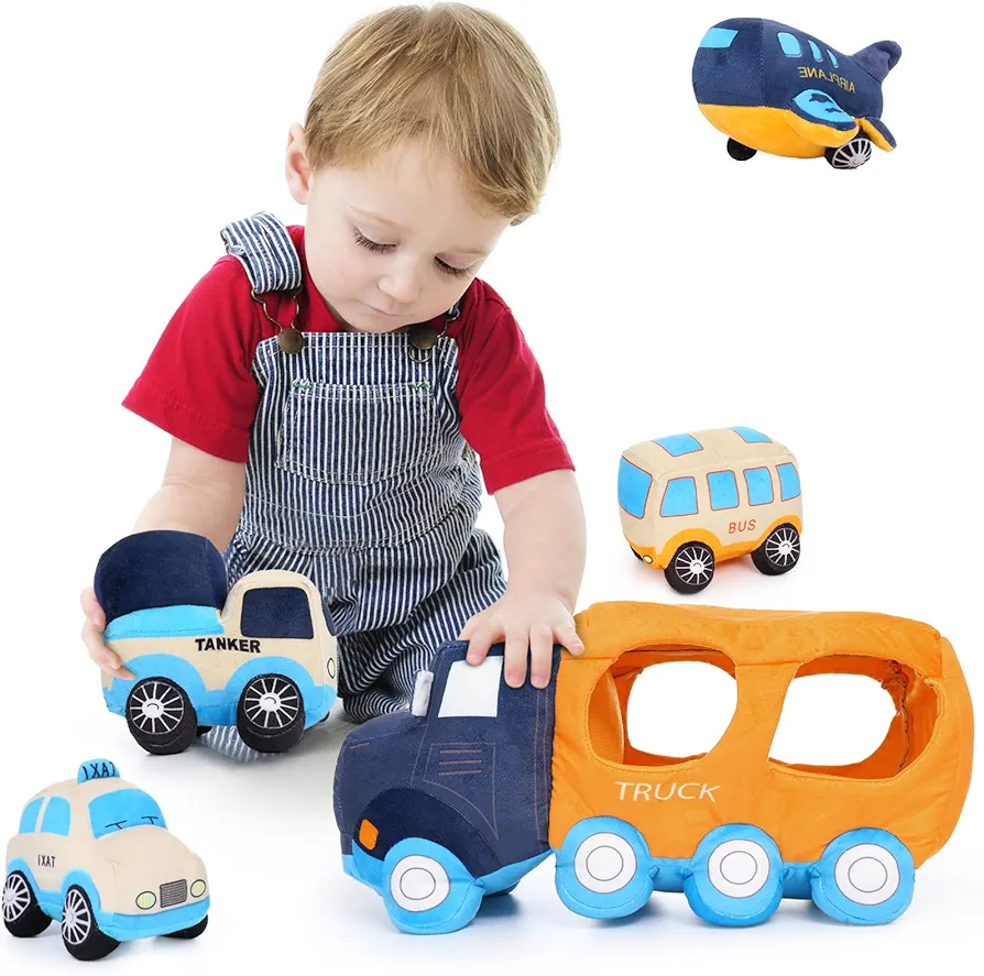 Muiteiur Big Car Stuffed Plush Toy, Soft Truck Toy Set with 4 Plush Baby Vehicles Toys Include Taxi Bus Airplane Tanker, Cute Cartoon Plush Gift for Kids Babies (15.7inch)