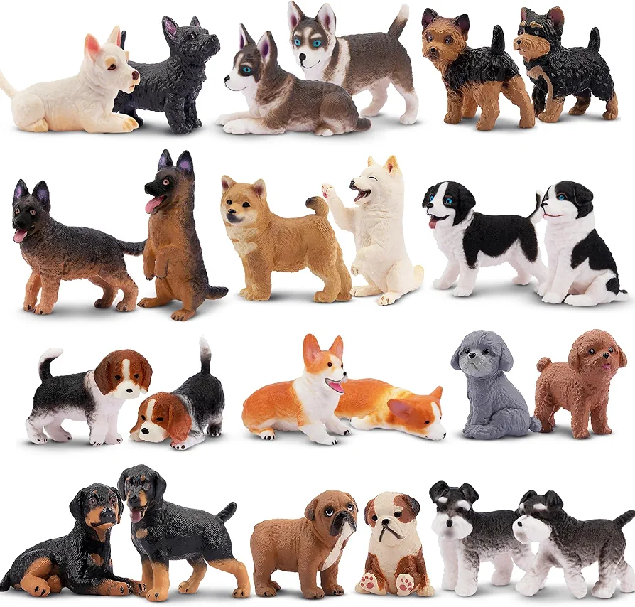 24PCS Dog Figurines Playset, Realistic Plastic Puppy Figures, Hand Painted Mini Dog Figures Toy Set Cake Toppers Birthday for Kids