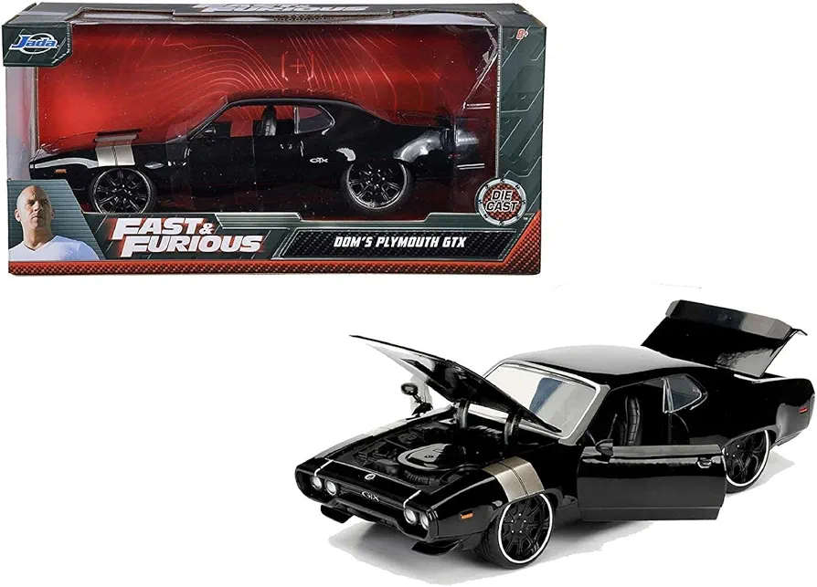 Jada Toys Fast & Furious 1:24 Dom's Plymouth GTX Die-cast Car, Toys for Kids and Adults, Black, Standard