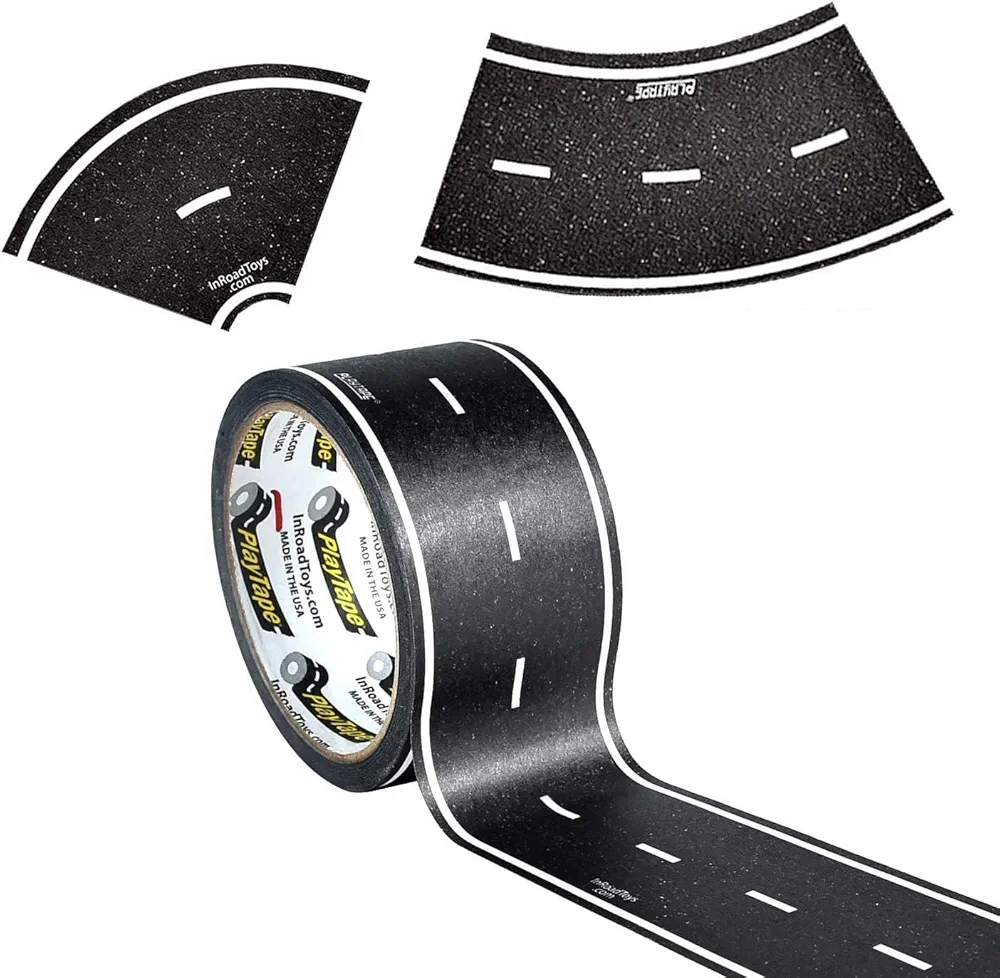 PlayTape Road Tape and Curves for Toy Cars - 1 Roll of 60 ft. x 2 in. Black Road + 1 Roll of 36 Curves