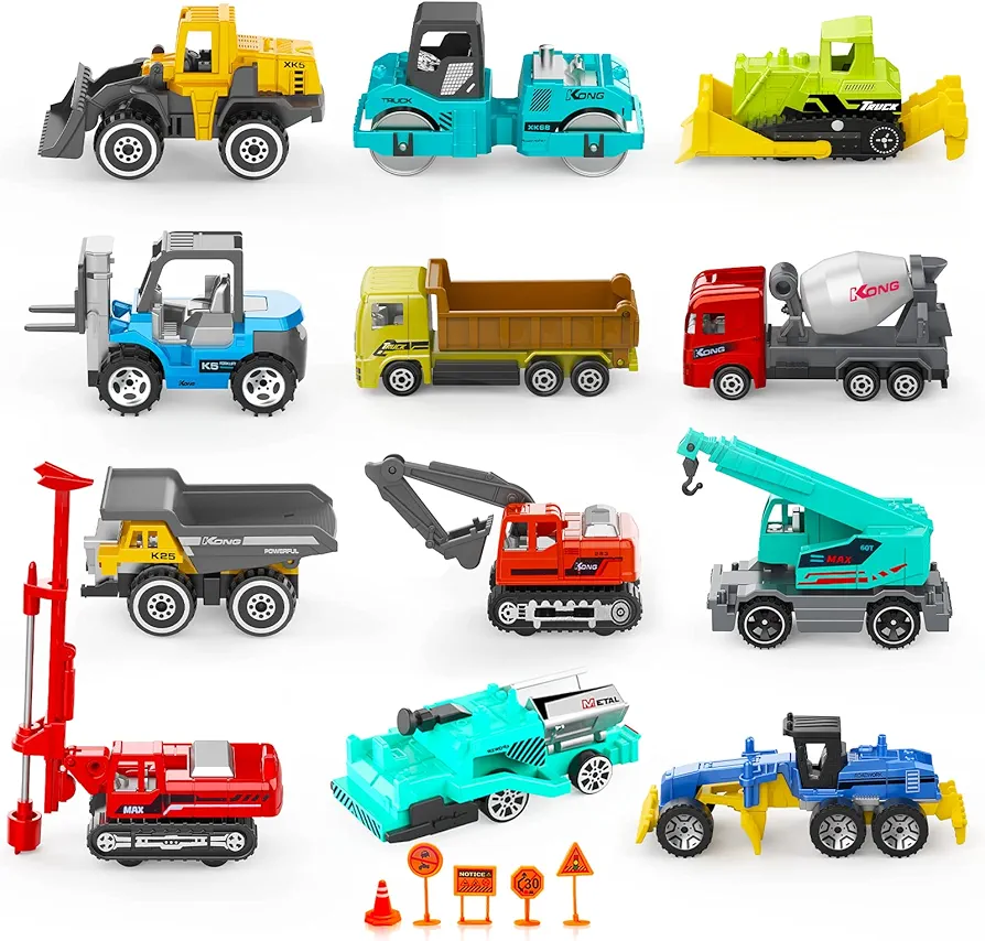 17 Metal Construction Vehicles Toys, Small Excavator Wheels Cars Mini Construction Trucks Toys for Boys Kids Toddlers Christmas Stocking Stuffers Cake Decorations Party Favors