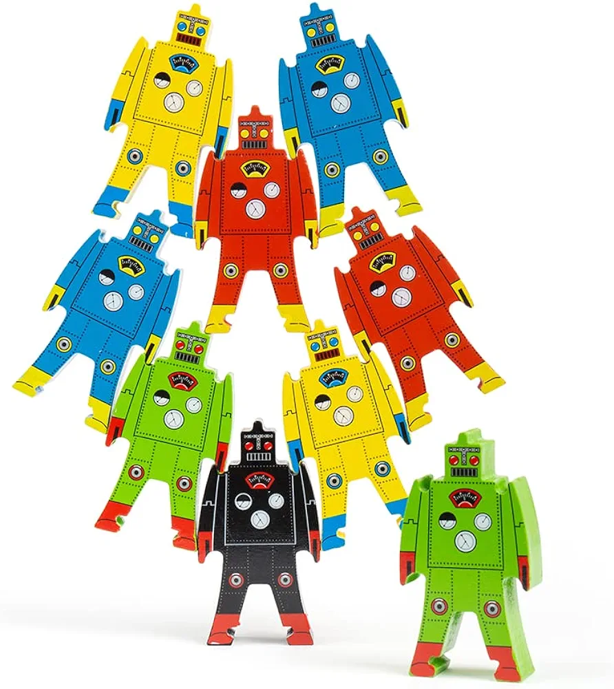 Schylling Stacking Robots - Colorful Wooden Stacking Toy for Kids - 9 pcs. Fun Puzzle for Balancing and Imaginative Play - Ages 3 and Up