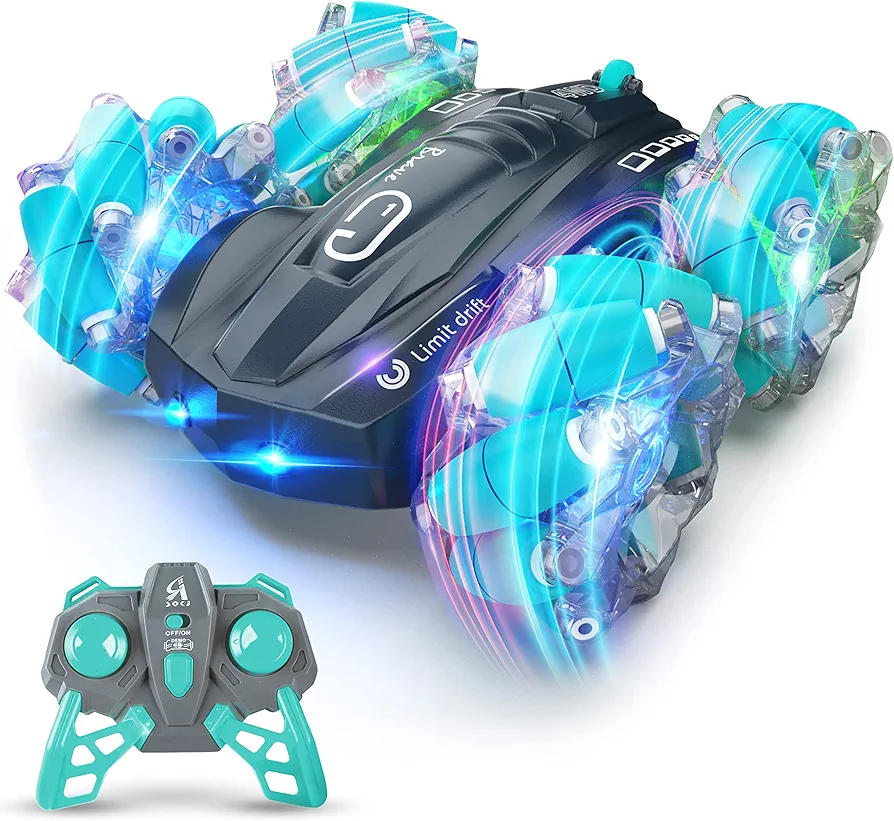 BEZGAR Remote Control Car for Boys 4-7 - 2.4GHz Double Sided 4WD RC Cars Stunt Car Toy with 6 LED Lights 360° Rotating and Lateral Drift, Rechargeable Toy Cars Birthday Gift for Kids, TD205