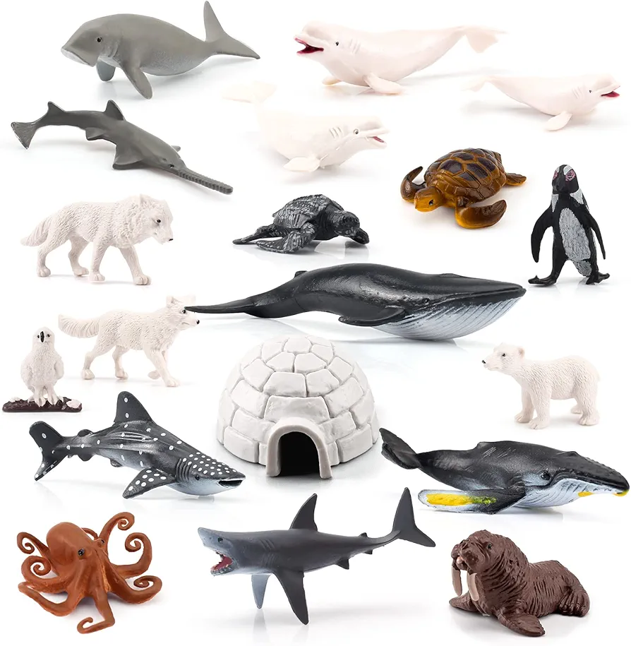 Arctic Sea Animal Figurines Set Small Cake Toppers 19PCS Christmas Toy Gift Polar Bear Figurine Plastic Arctic Fox Figure Penguin Figurines Snow Toys for Kids Toddlers Preschool Educational Playset