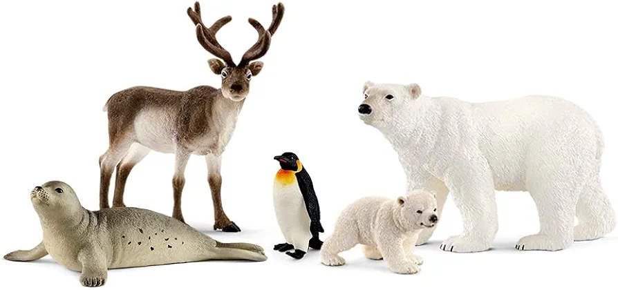 Schleich Wild Life Realistic Arctic Polar Animal Figurine Playset - 5-Piece High Detail Arctic Animal Toys Featuring Reindeer, Polar Bear Figure, Penguin, and Seal Figurines, Gift for Kids Ages 3+