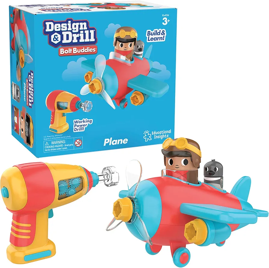 Educational Insights Design & Drill Bolt Buddies Plane Take Apart Toy with Electric Toy Drill, Preschool STEM Toy, Gifts for Boys & Girls, Ages 3+