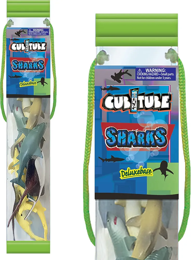 Shark from Deluxebase. 11 Piece Small Shark Figurines and Play Accessories Collection. Reusable plastic storage tube of ocean mini replicas.