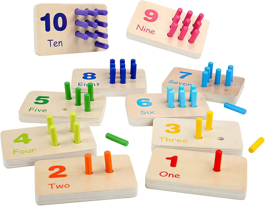 Montessori Number Counting Peg Board, Wooden Math Manipulative Materials for Preschool, Number Montessori Learning Toy for Toddlers & Kindergarteners (Colorful Peg)