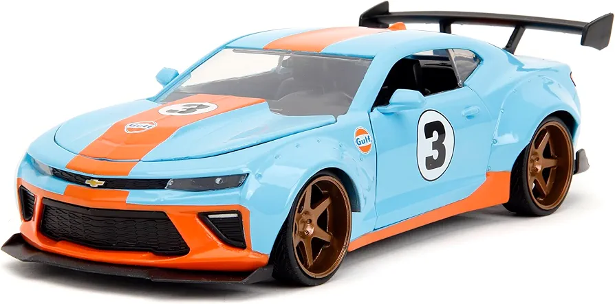 Jada Toys Big Time Muscle 1:24 2016 Chevy Camaro SS Widebody Gulf Die-Cast Car, Toys for Kids and Adults(Blue/Orange)