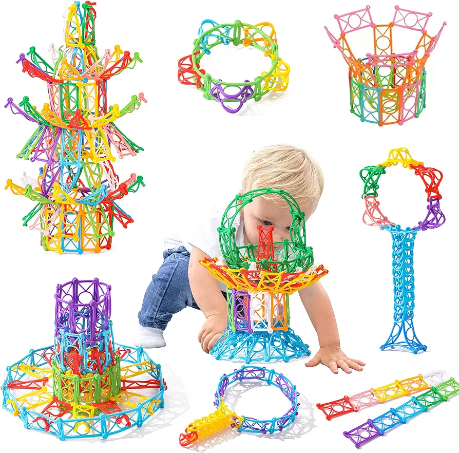 RAINBOW TOYFROG Snap-N-Twist Building Blocks - 270 Piece Set of Flexible Interlocking Math Manipulatives - Open Ended STEM Toys for 5 to 12 Year Old Boys & Girls - Indoor Recess Games for Classroom