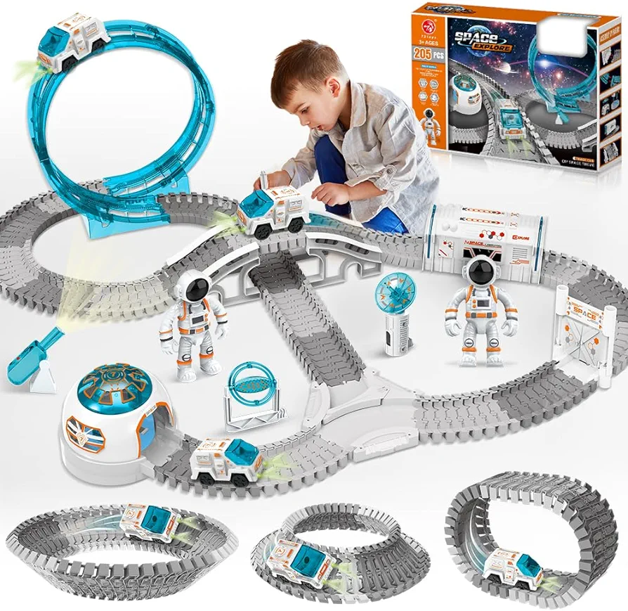 VATOS 205 PCS Track Toys, Create A Space for Boys Girls 3 4 5 6 7 9 Year, DIY Race Car Bendable Flexible Playset with Projector & 2pcs Astronaut, Space Train Set STEM Educational Birthday Easter Gifts