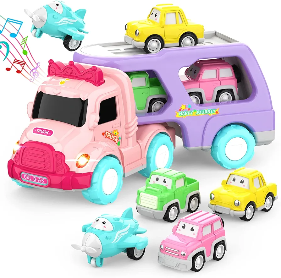 Toys for 1 2 3 Year Old Girl, 5-in-1 Carrier Truck for Toddler Girl, Friction Power Toy Cars with Light & Sound, Birthday Gifts, Pink